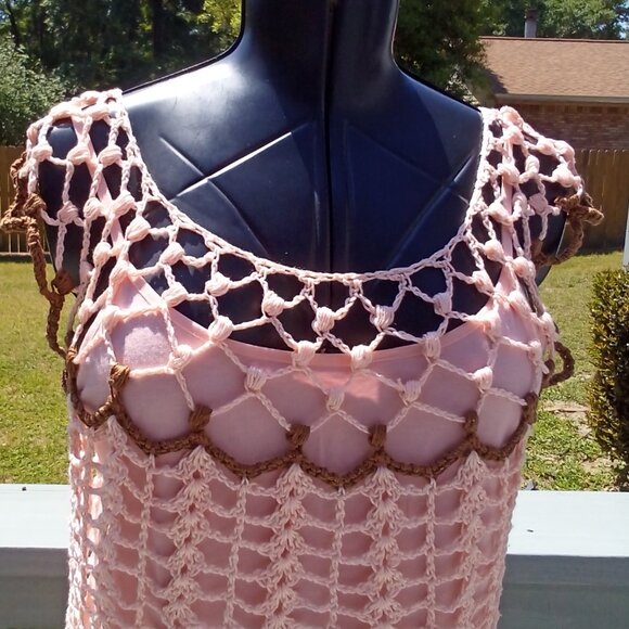 Handed Crafted Summer Tunic Top,  Color Peach and Brown, Size Large. - Picture 2 of 5